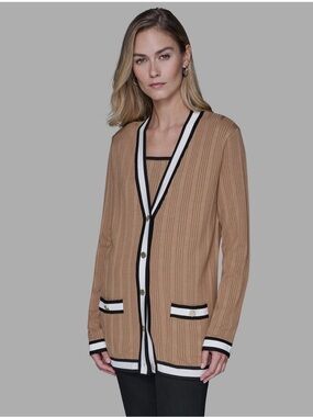 KARL LAGERFELD Women’s Camel Ribbed Cardigan with Contrast Trim